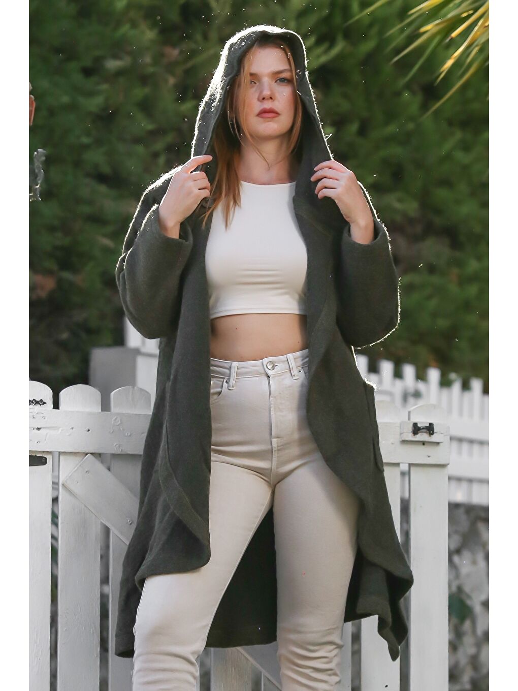 İtalyan Haki Kapüşonlu Uzun Kol Yaka Kapaması Düğmeli Cepli Kaşe Oversize Dokuma Kaban 90 70-4