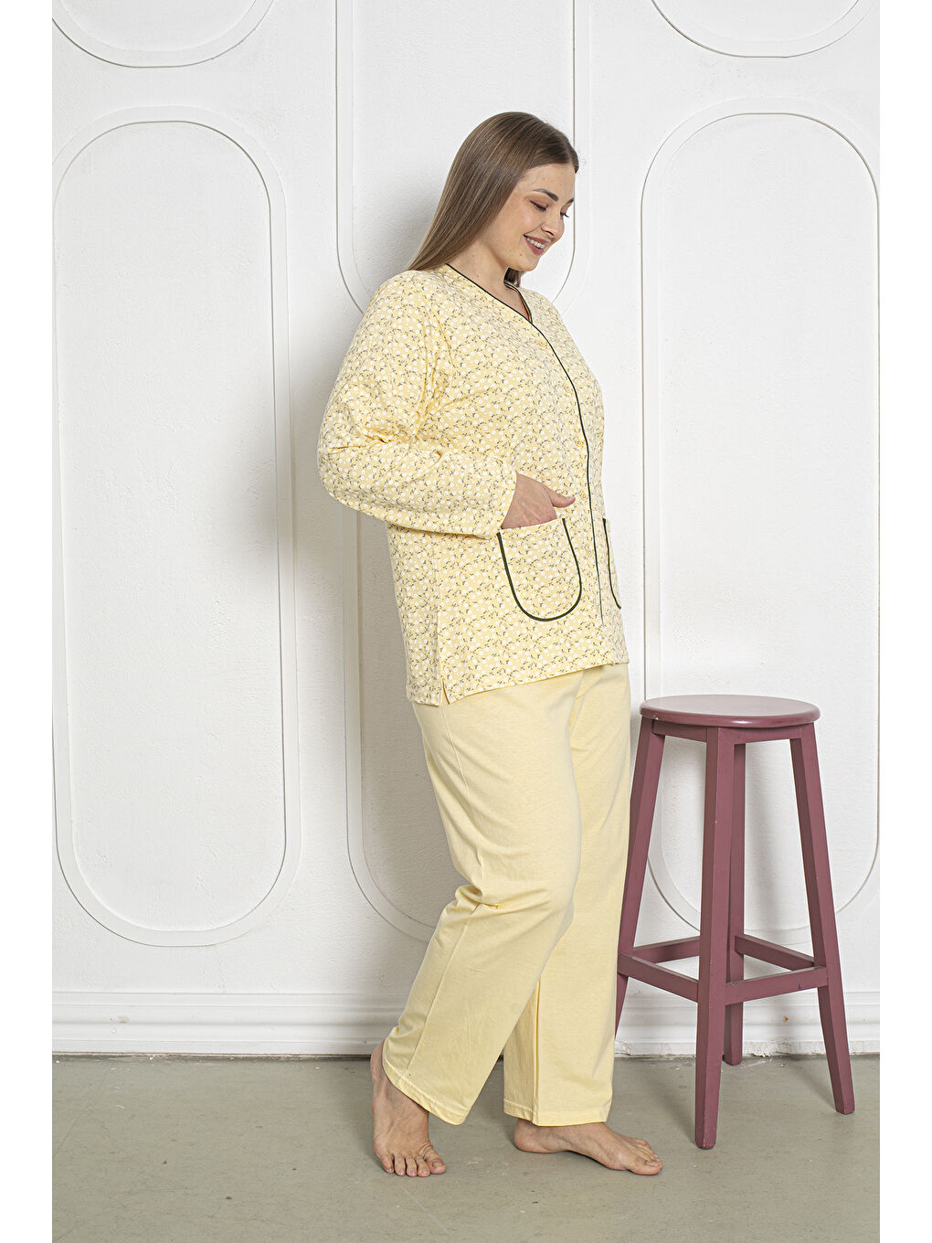 Sarı %100 Pamuklu Uzun Kollu Boydan Düğmeli Büyük Beden Kadın Pijama Takımı 206-1