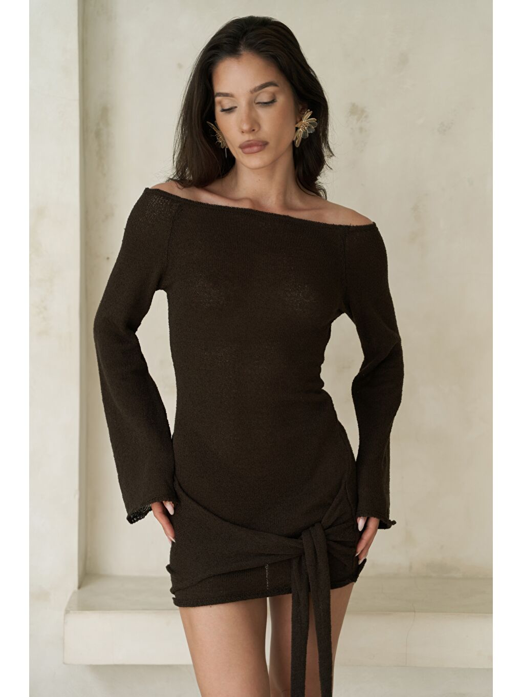 Kahverengi Kawanas Kayık Yaka Bağlamalı Kahve Elbise