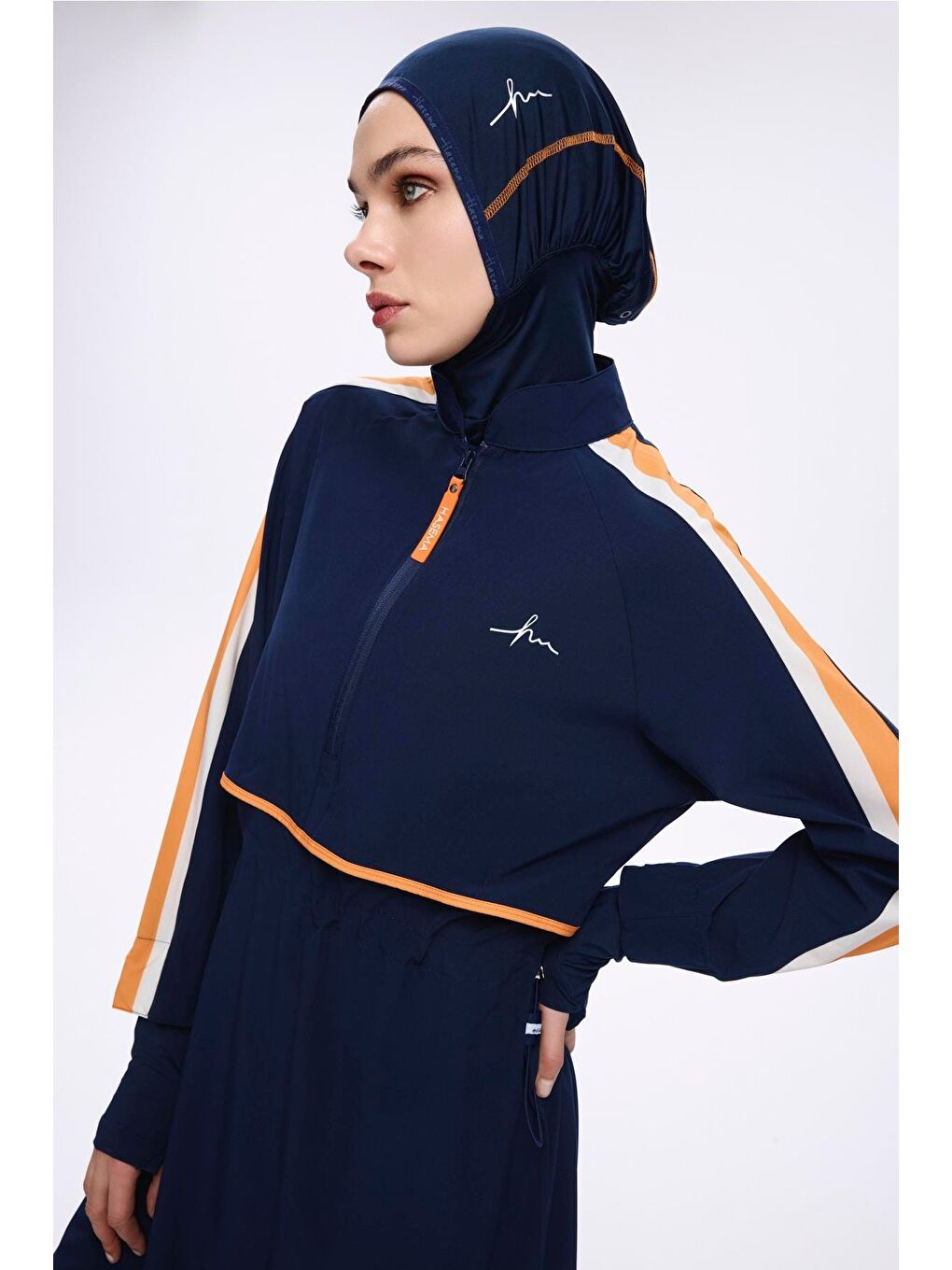 Lacivert Esila H-Per Turuncu Biyeli 6 Parça Tam Tesettür Mayo Takımı 3125-2