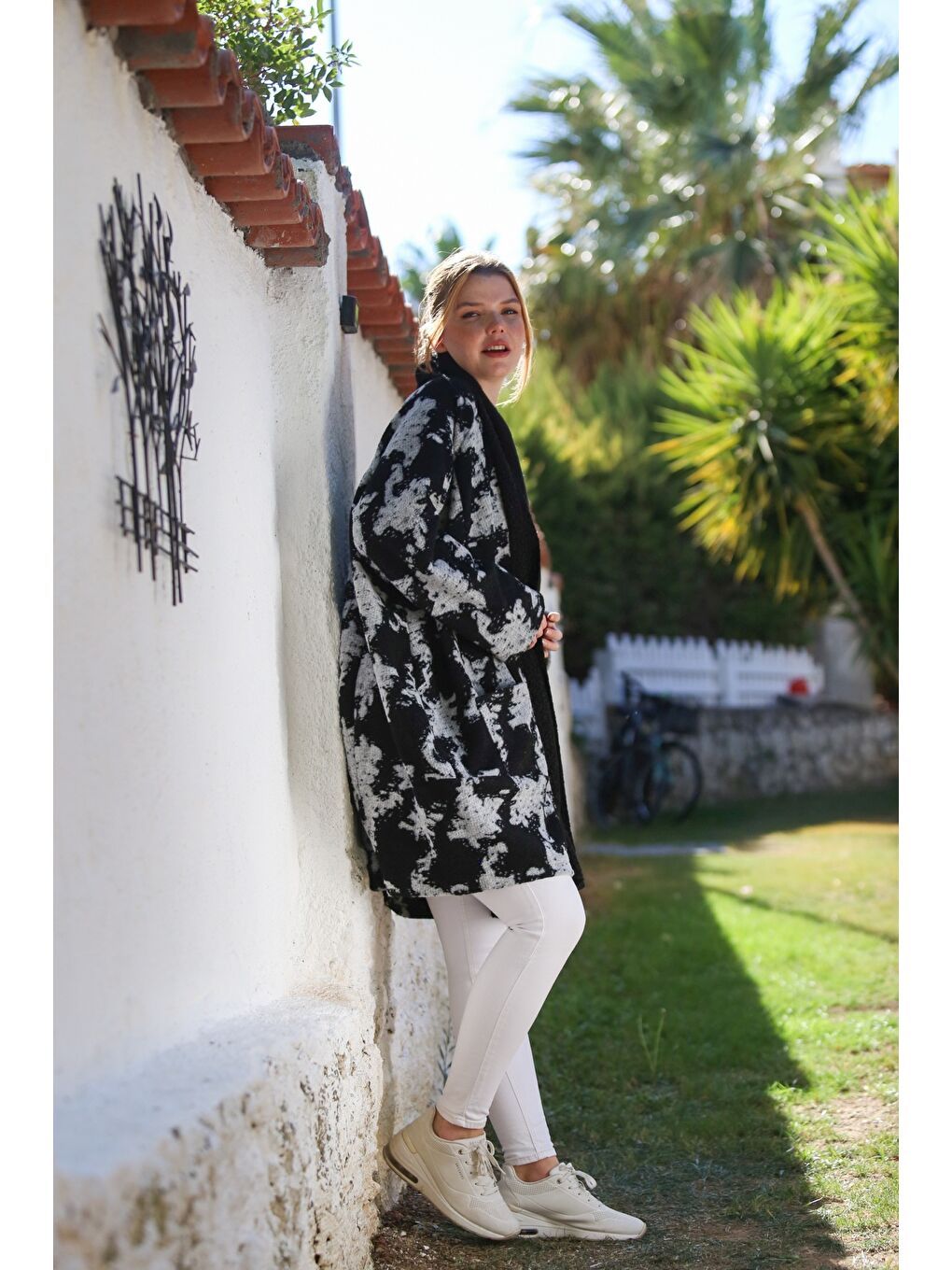 İtalyan Siyah-Gri Şal Yaka Uzun Kol Desenli Kapamasız Cepli Kaşe Oversize Dokuma Kaban 100 80-5