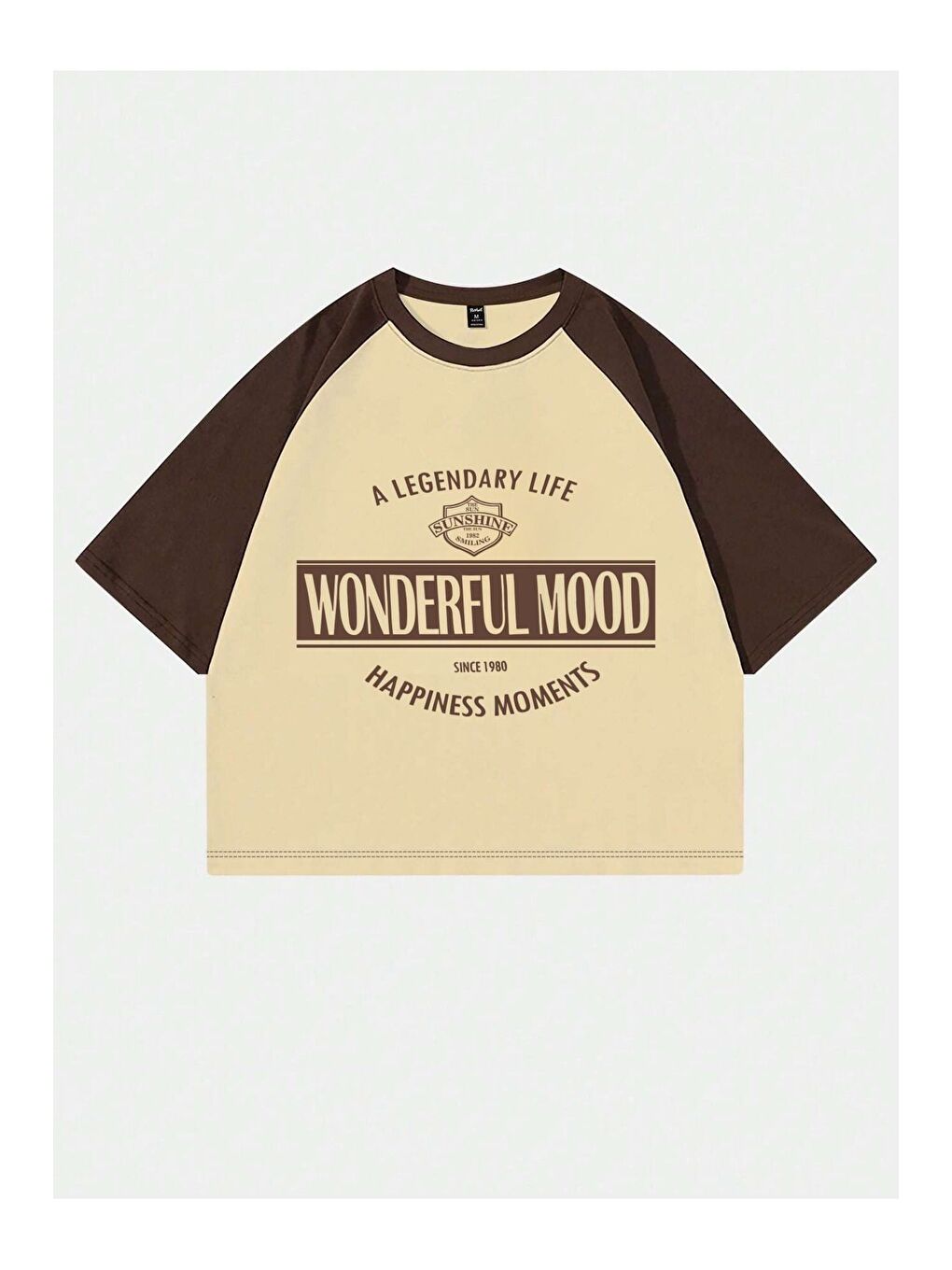 Wonderful Mood Süprem Crop T Shirt   Bej Kahve Baskılı Oversize Bisiklet Yaka Tişört