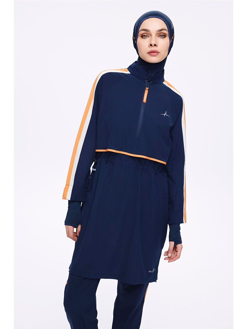 Lacivert Esila H-Per Turuncu Biyeli 6 Parça Tam Tesettür Mayo Takımı 3125-3