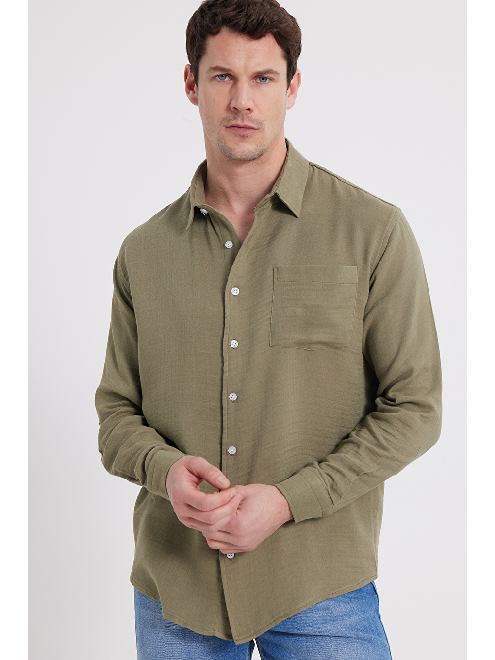 Erkek Relax Fit Rahat Kesim Oversize Müslin Viskon Pamuklu Tek Cepli Düz Haki Gömlek