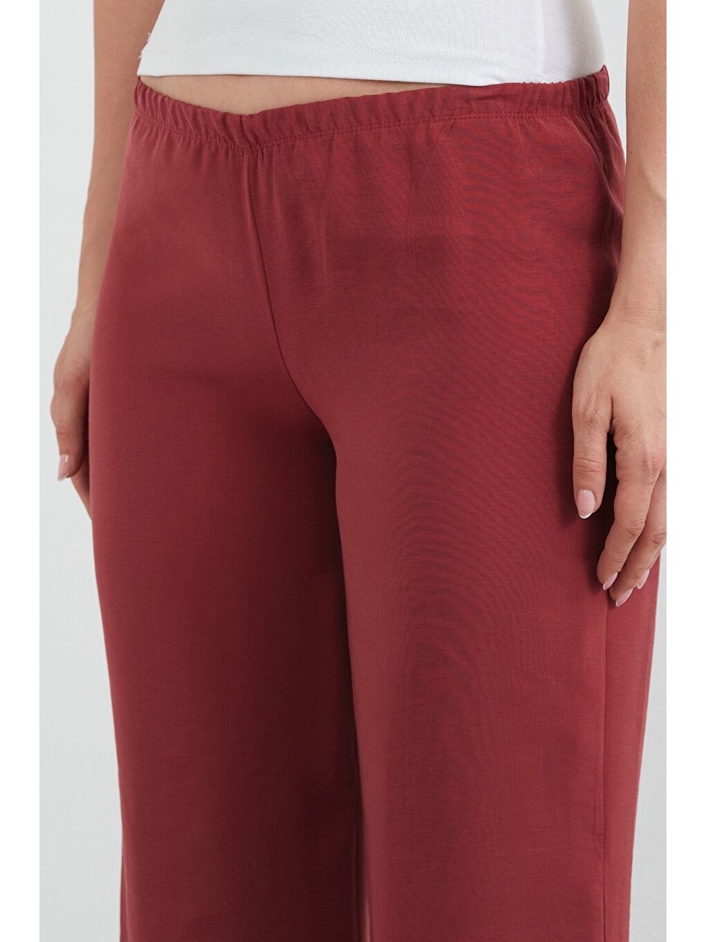 Bordo Beli Lastikli Düşük Bel Modal Palazzo Pantolon-4