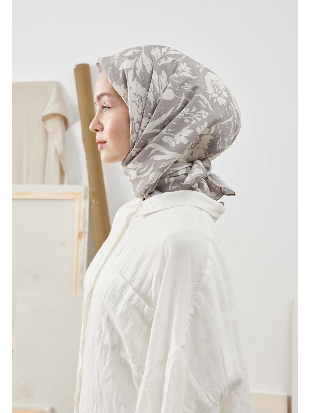 Gri Vıolet Desen Pamuk İpek Eşarp Füme-2