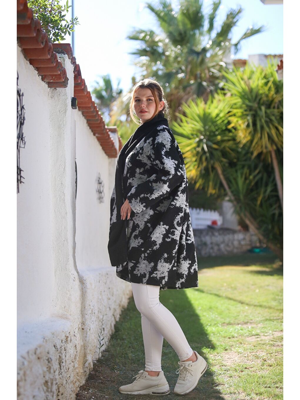 İtalyan Siyah-Gri Şal Yaka Uzun Kol Desenli Kapamasız Cepli Kaşe Oversize Dokuma Kaban 100 80-6