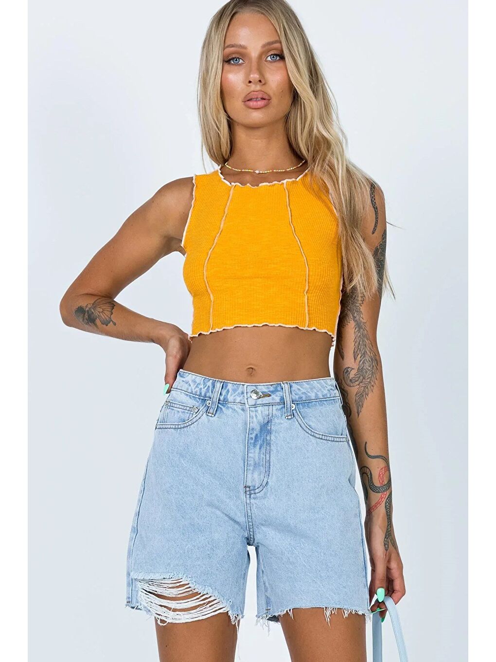 Açık Mavi Yırtık Detaylı Yüksek Bel Jean Şort Mg1749-2