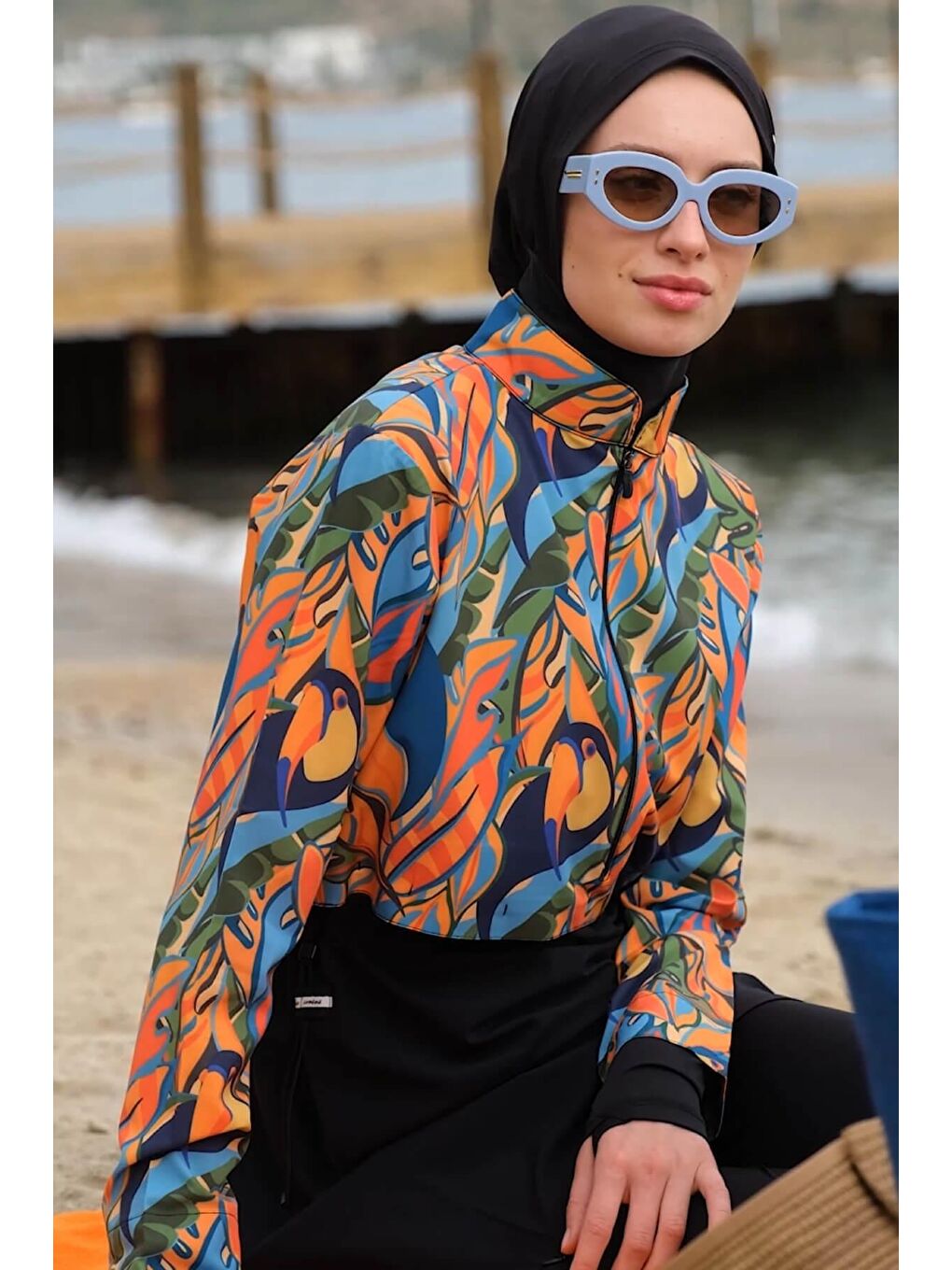 Lacivert Esila Tropikal Desenli Jileli Tam Tesettür Mayo Üstü 2934