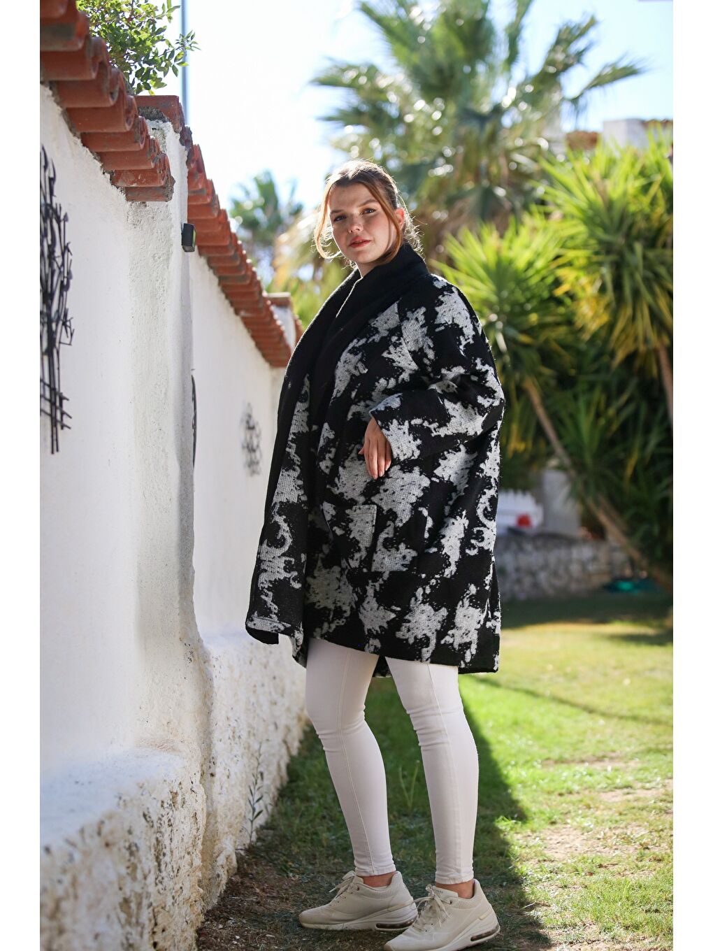 İtalyan Siyah-Gri Şal Yaka Uzun Kol Desenli Kapamasız Cepli Kaşe Oversize Dokuma Kaban 100 80-7