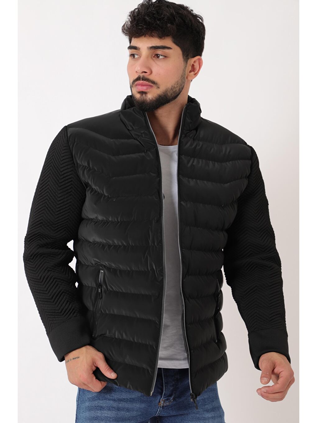 Gri Nova Kol Triko Kışlık Şişme Mont PLDP 3011_50464