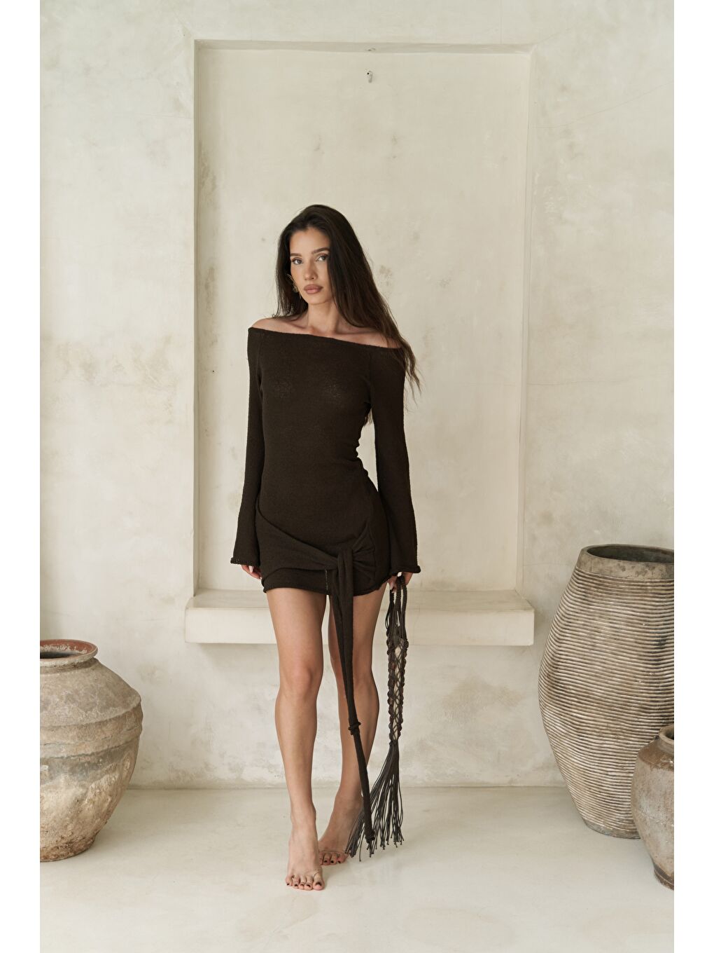 Kahverengi Kawanas Kayık Yaka Bağlamalı Kahve Elbise-2