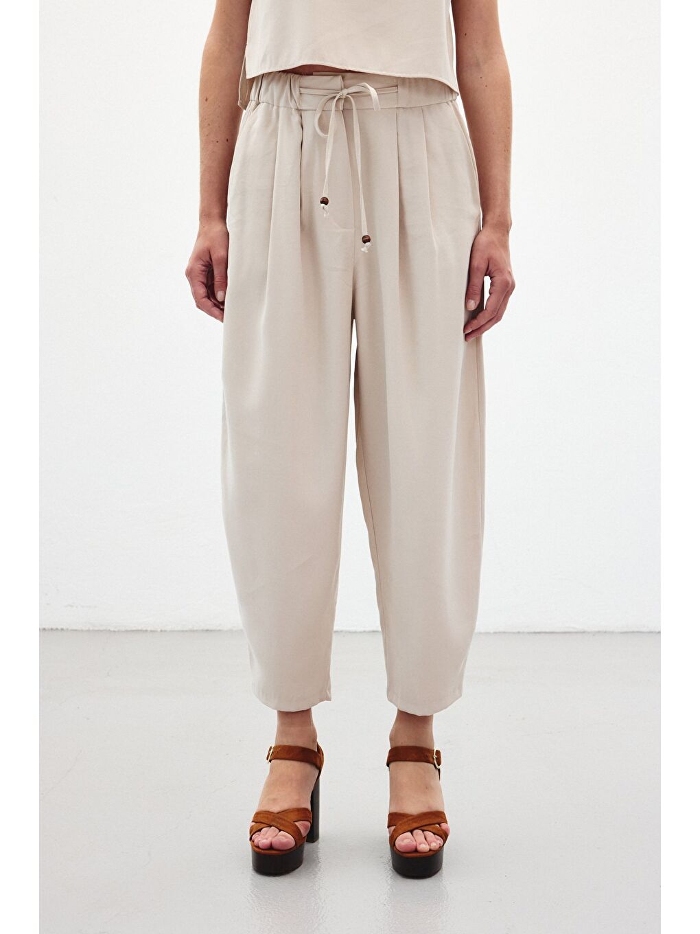 Bej Şalvar Kesim Pantolon - Taş-5