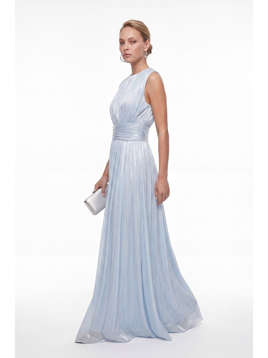 Kadın Bebe Mavi Bisiklet Yaka Pileli Uzun Davet Elbisesi-1