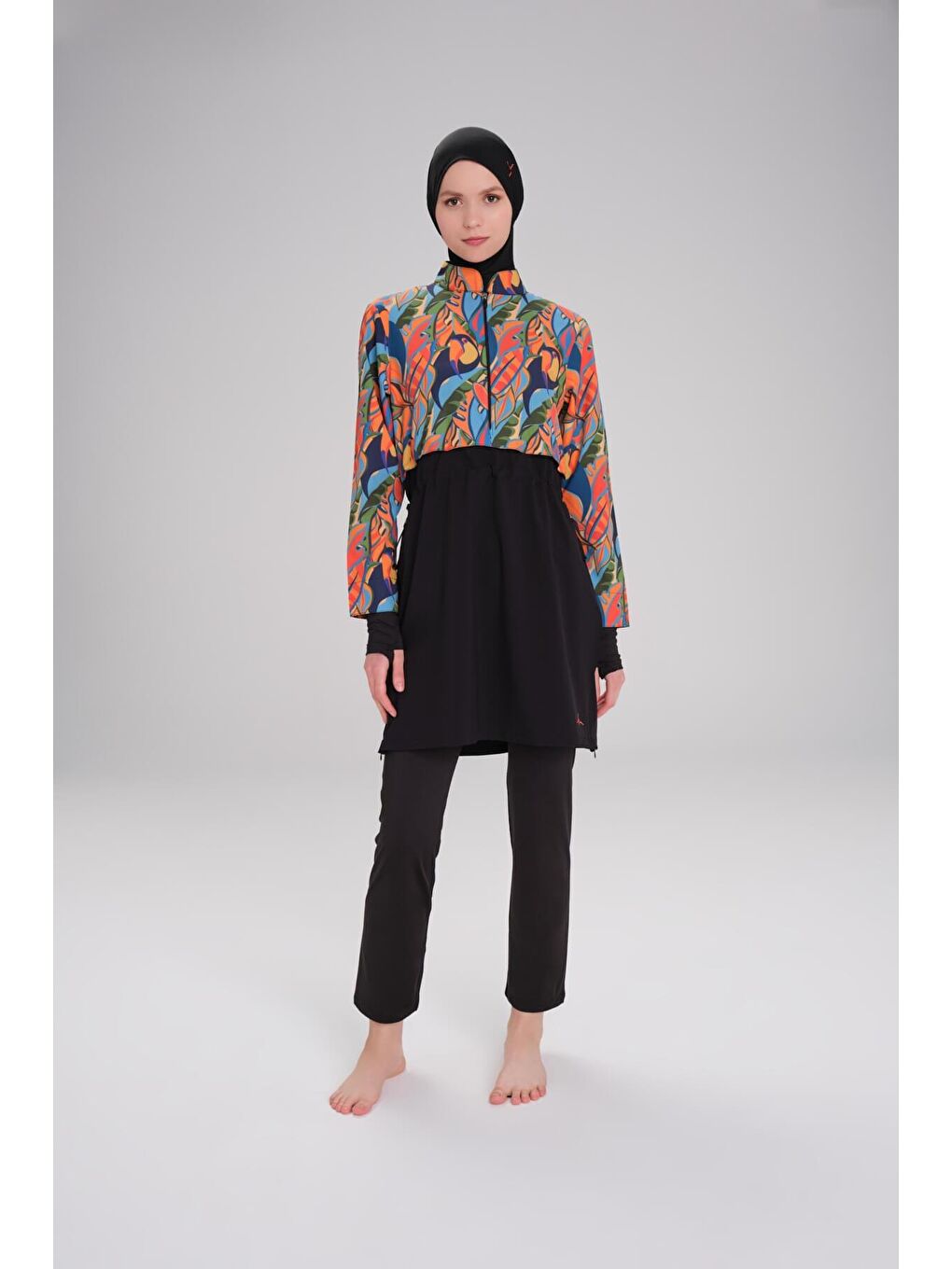 Lacivert Esila Tropikal Desenli Jileli Tam Tesettür Mayo Üstü 2934-2