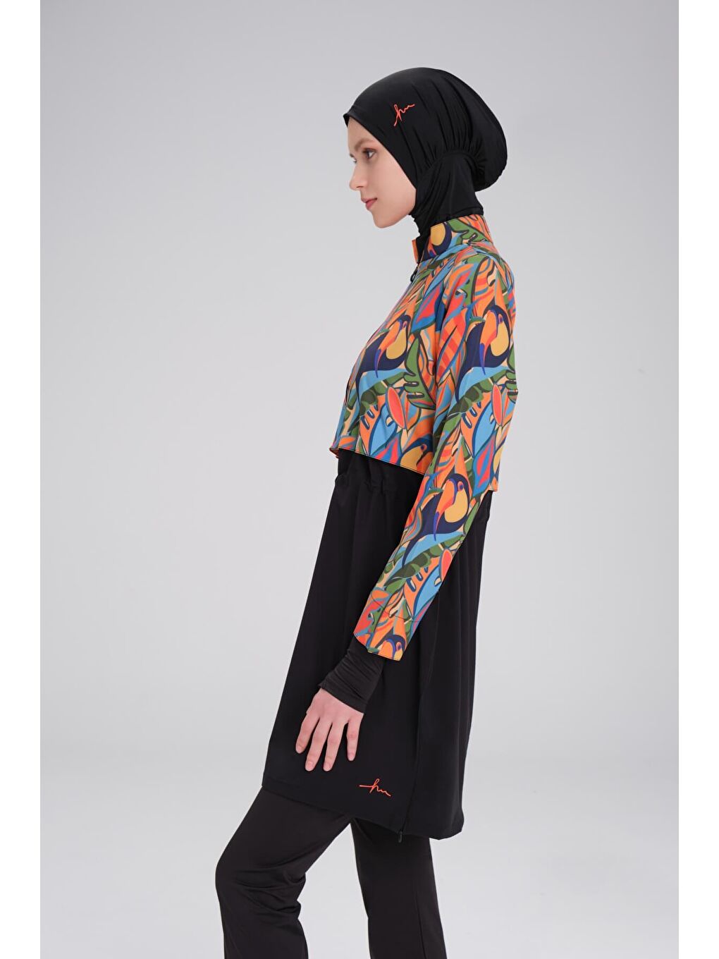 Lacivert Esila Tropikal Desenli Jileli Tam Tesettür Mayo Üstü 2934-3