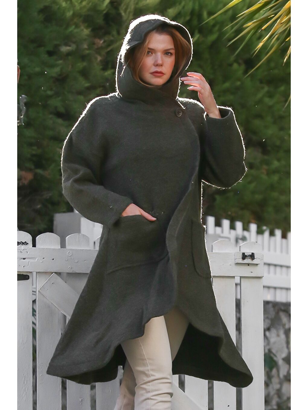 İtalyan Haki Kapüşonlu Uzun Kol Yaka Kapaması Düğmeli Cepli Kaşe Oversize Dokuma Kaban 90 70-6