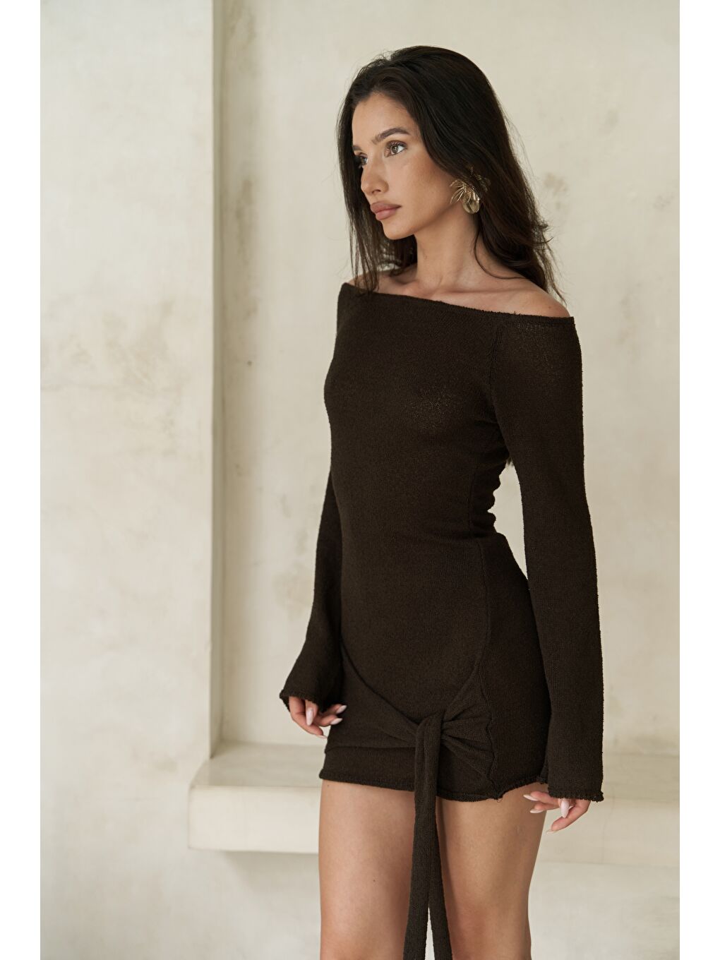 Kahverengi Kawanas Kayık Yaka Bağlamalı Kahve Elbise-3