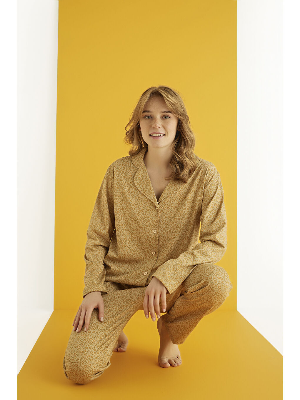 Sarı Pamuklu Düğmeli Pijama Takım 451-41