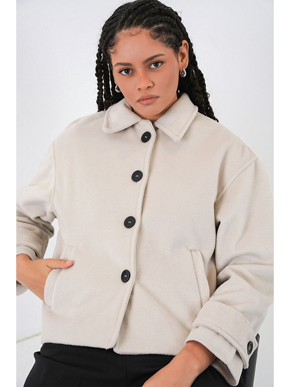 Kadın Kısa Kaşe Ceket 0724 - Ekru-2