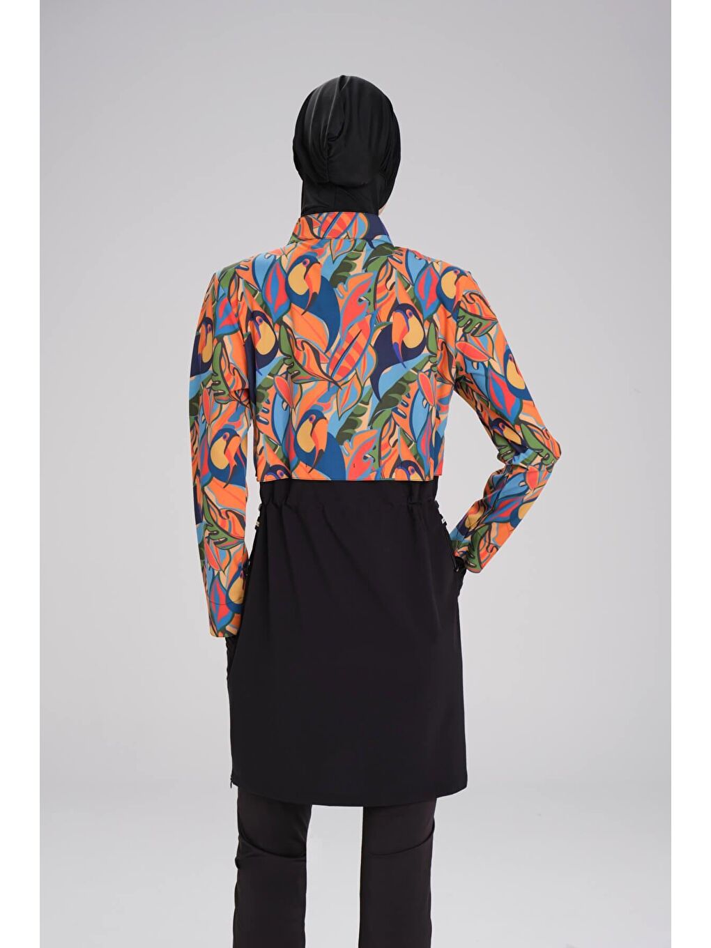 Lacivert Esila Tropikal Desenli Jileli Tam Tesettür Mayo Üstü 2934-4