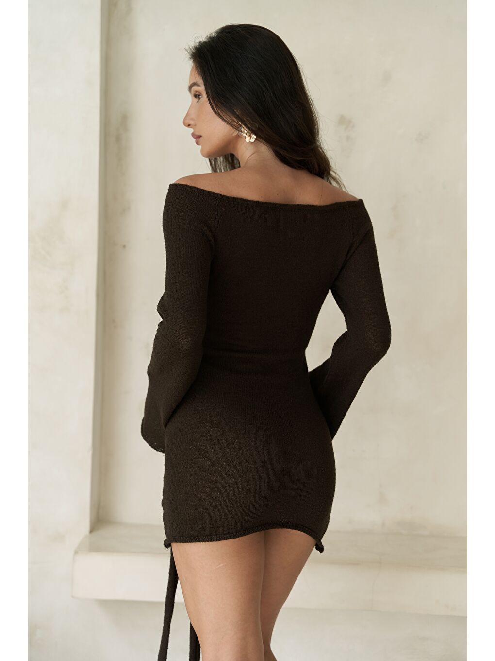 Kahverengi Kawanas Kayık Yaka Bağlamalı Kahve Elbise-4