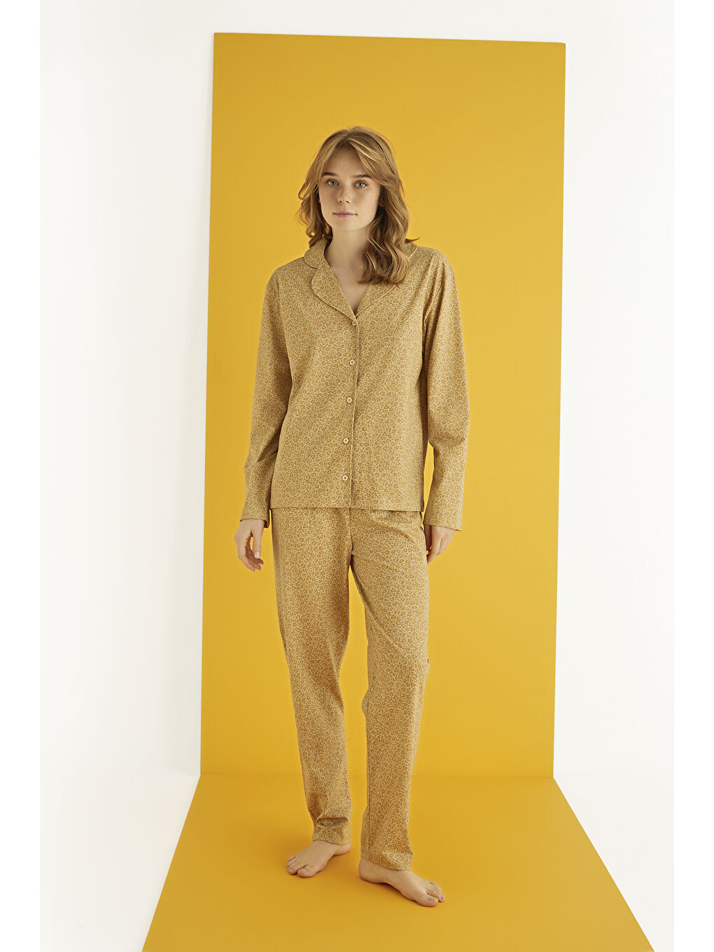 Sarı Pamuklu Düğmeli Pijama Takım 451-41-1