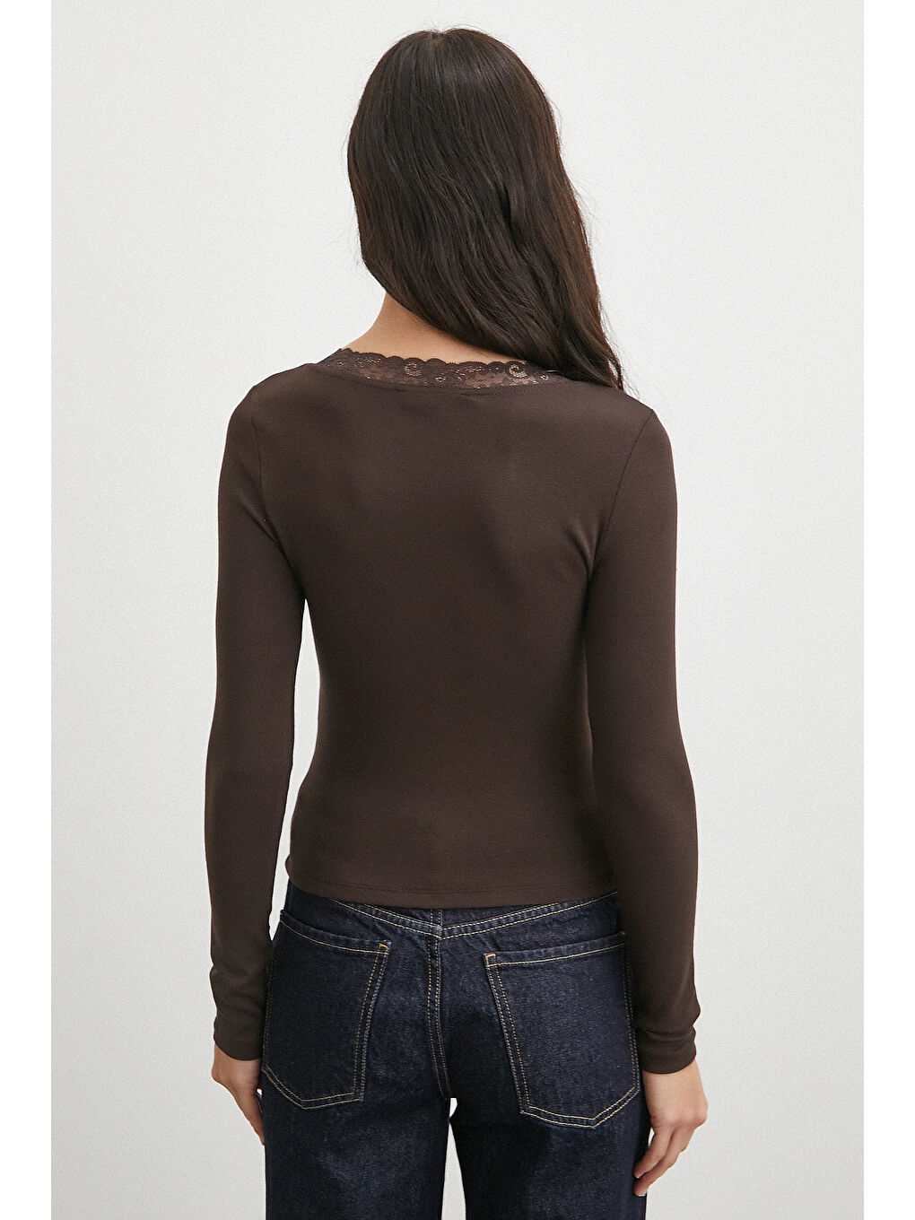 Karışık Yakası Dantelli Bluz Kahve-5