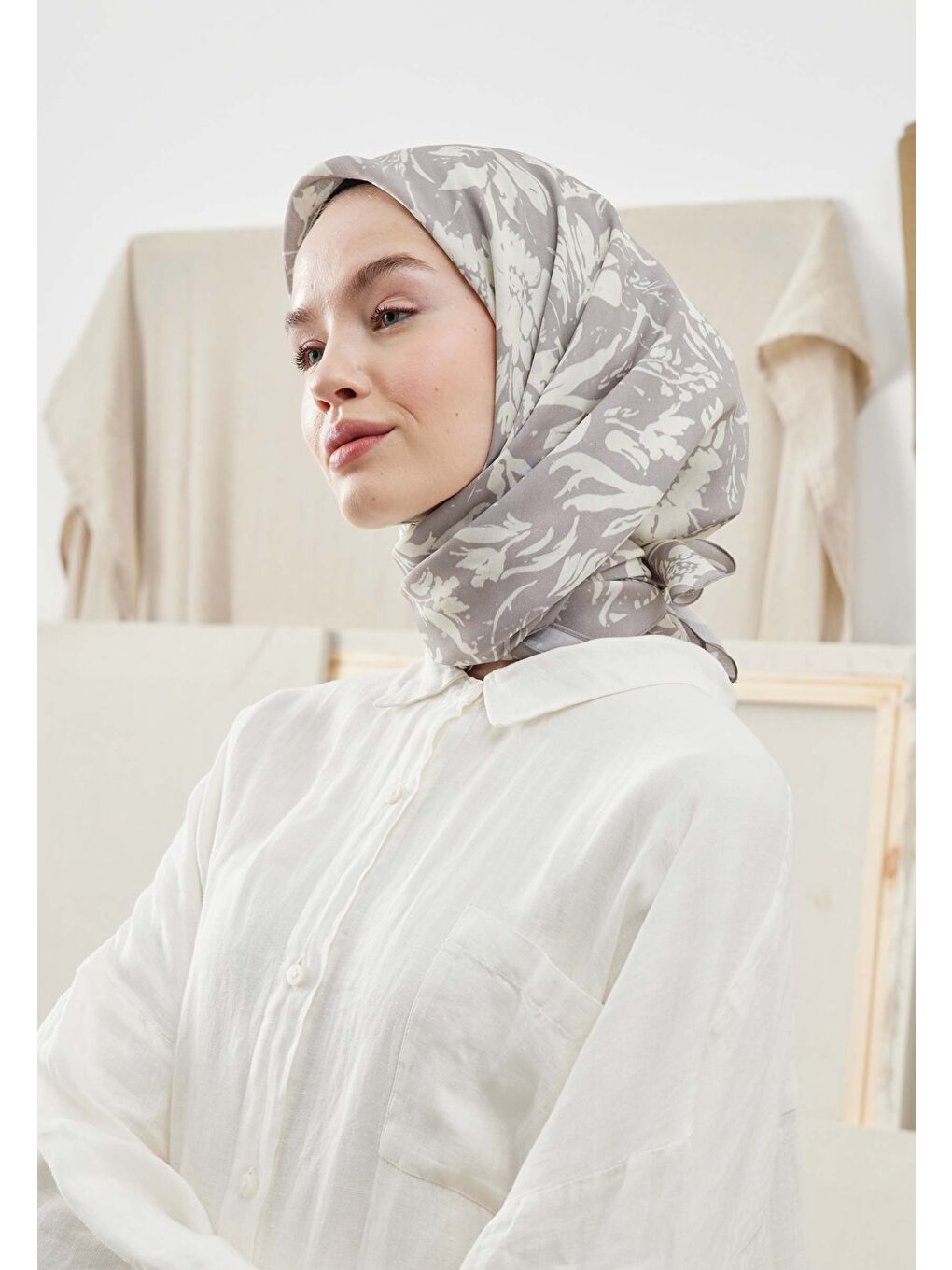 Gri Vıolet Desen Pamuk İpek Eşarp Füme-3