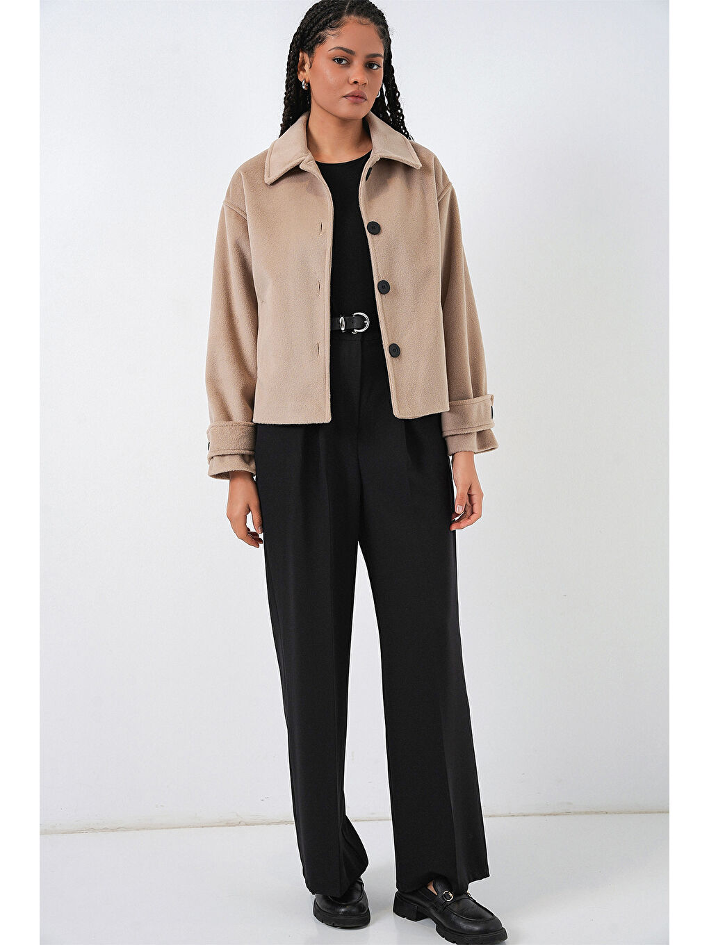 Bej Kadın Kısa Kaşe Ceket 0724 - Bisküvi-1