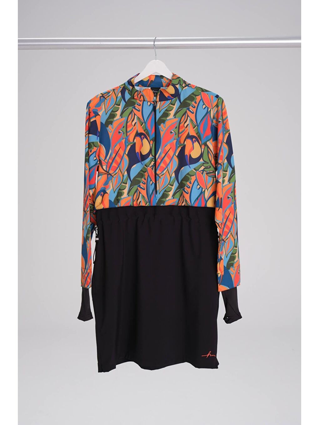 Lacivert Esila Tropikal Desenli Jileli Tam Tesettür Mayo Üstü 2934-7