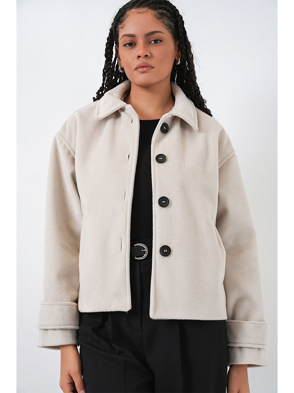 Kadın Kısa Kaşe Ceket 0724 - Ekru-3