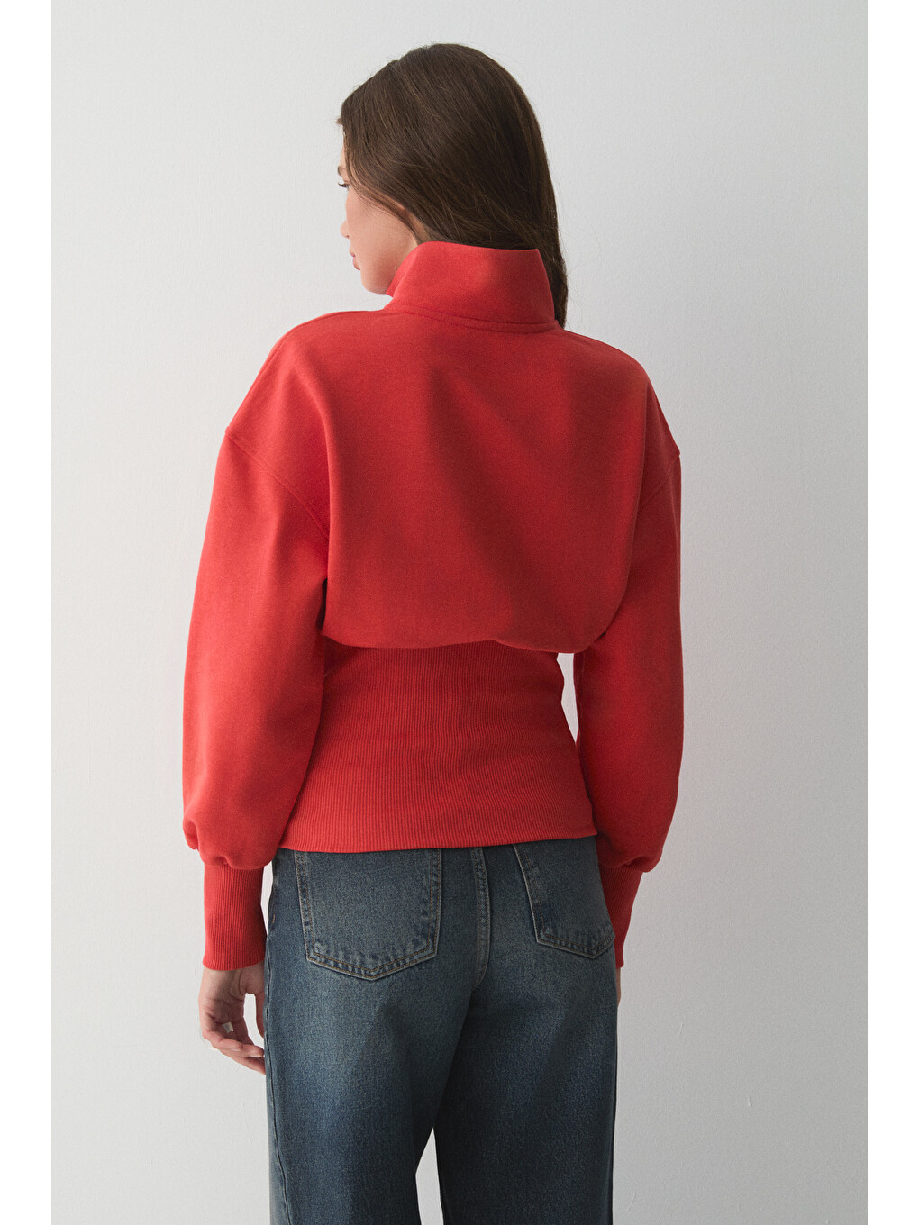 Vıvaldı Kadın Organik Pamuklu Beli Korseli Fermuarlı Kırmızı Sweatshirt-5
