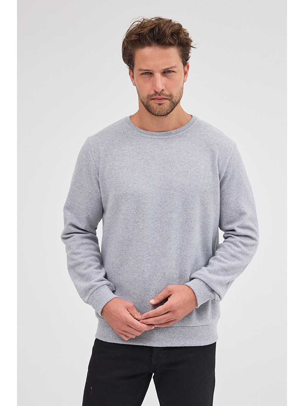 Erkek Gri Standart Fit Normal Kesim Pamuklu Basic Bisiklet Yaka Büyük Beden Sweatshirt MTLCE113-Gri-4