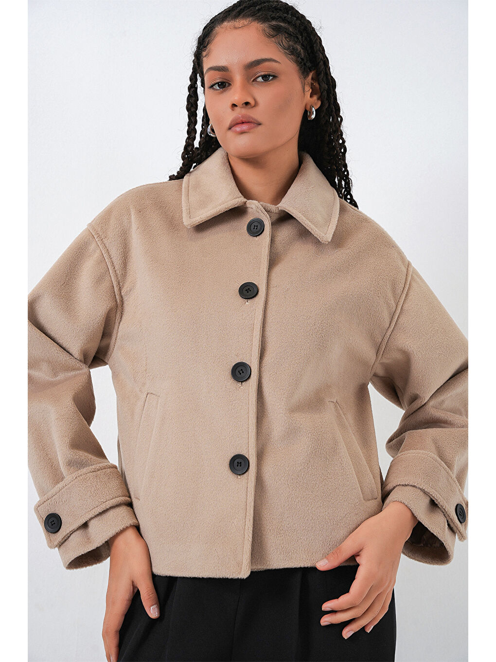 Bej Kadın Kısa Kaşe Ceket 0724 - Bisküvi-2