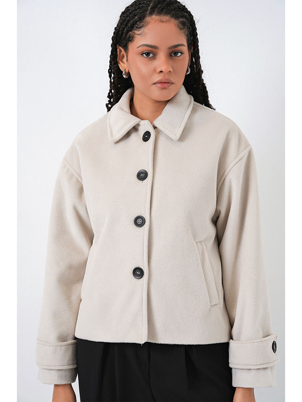 Kadın Kısa Kaşe Ceket 0724 - Ekru-4