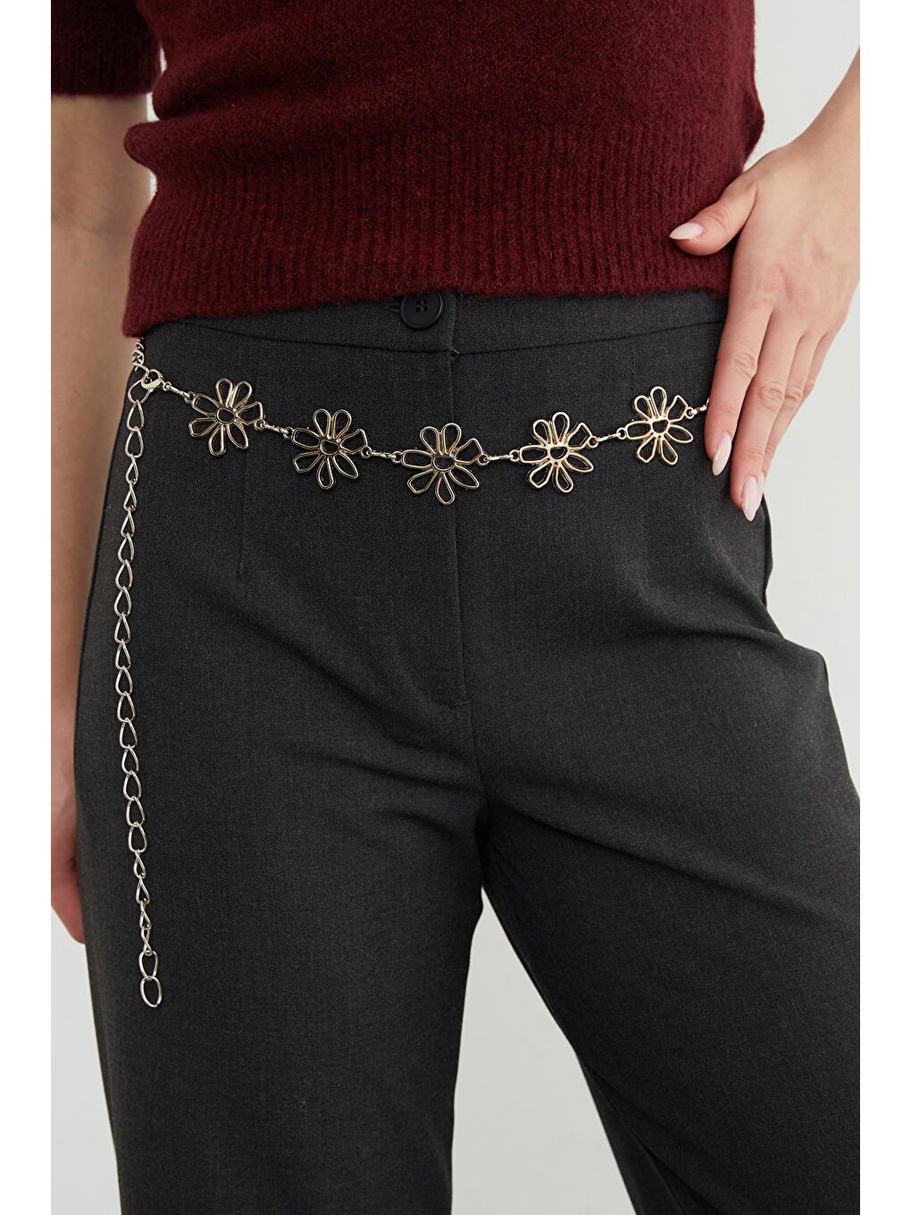 Gri Çiçek Detaylı Zincir Kemer-1