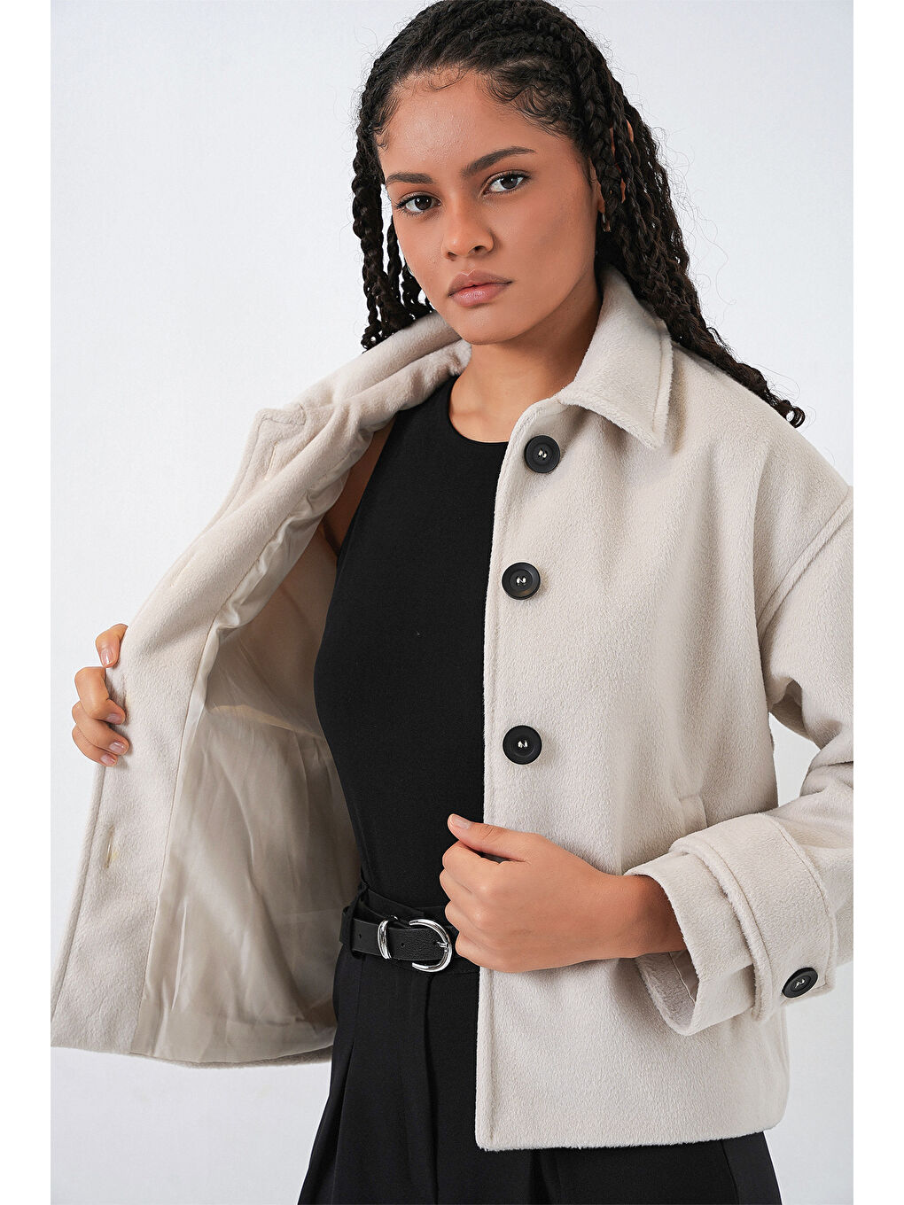 Kadın Kısa Kaşe Ceket 0724 - Ekru-5