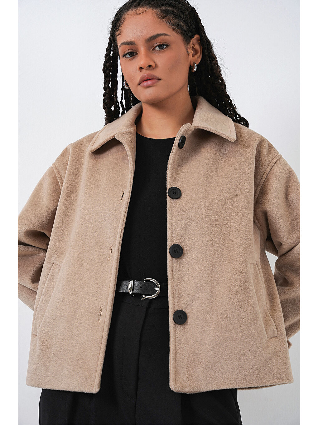 Bej Kadın Kısa Kaşe Ceket 0724 - Bisküvi-3