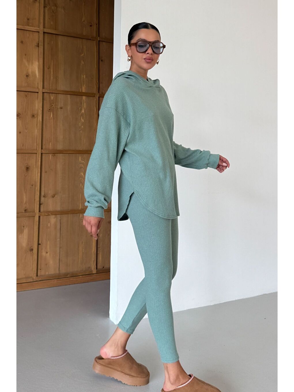 Kadın Mint Yeşili Oval Bel Detay Fitilli Kapüşonlu Taytlı İnterlok Takım-5