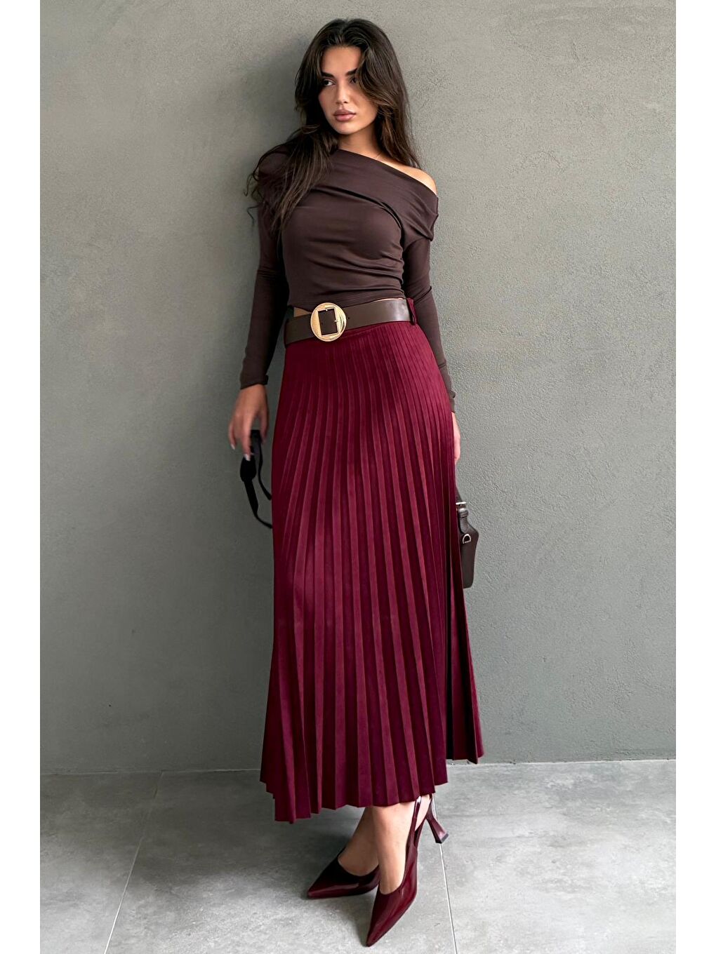 Bordo Pileli Kemerli Uzun Süet Kadın Etek Mg2576-2