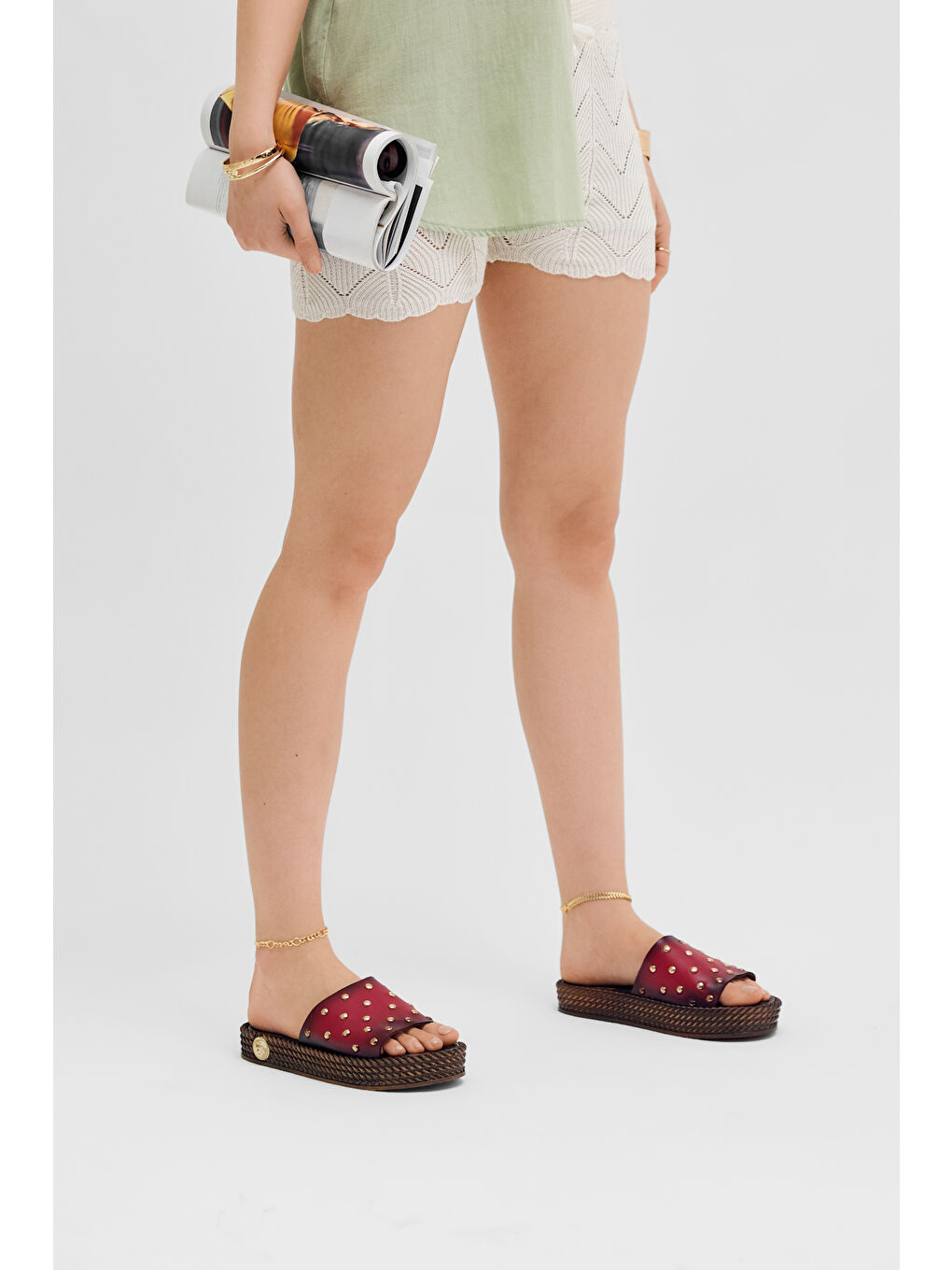 Kadın Kırmızı Poli Taban Düz Boncuk Detaylı Terlik-3