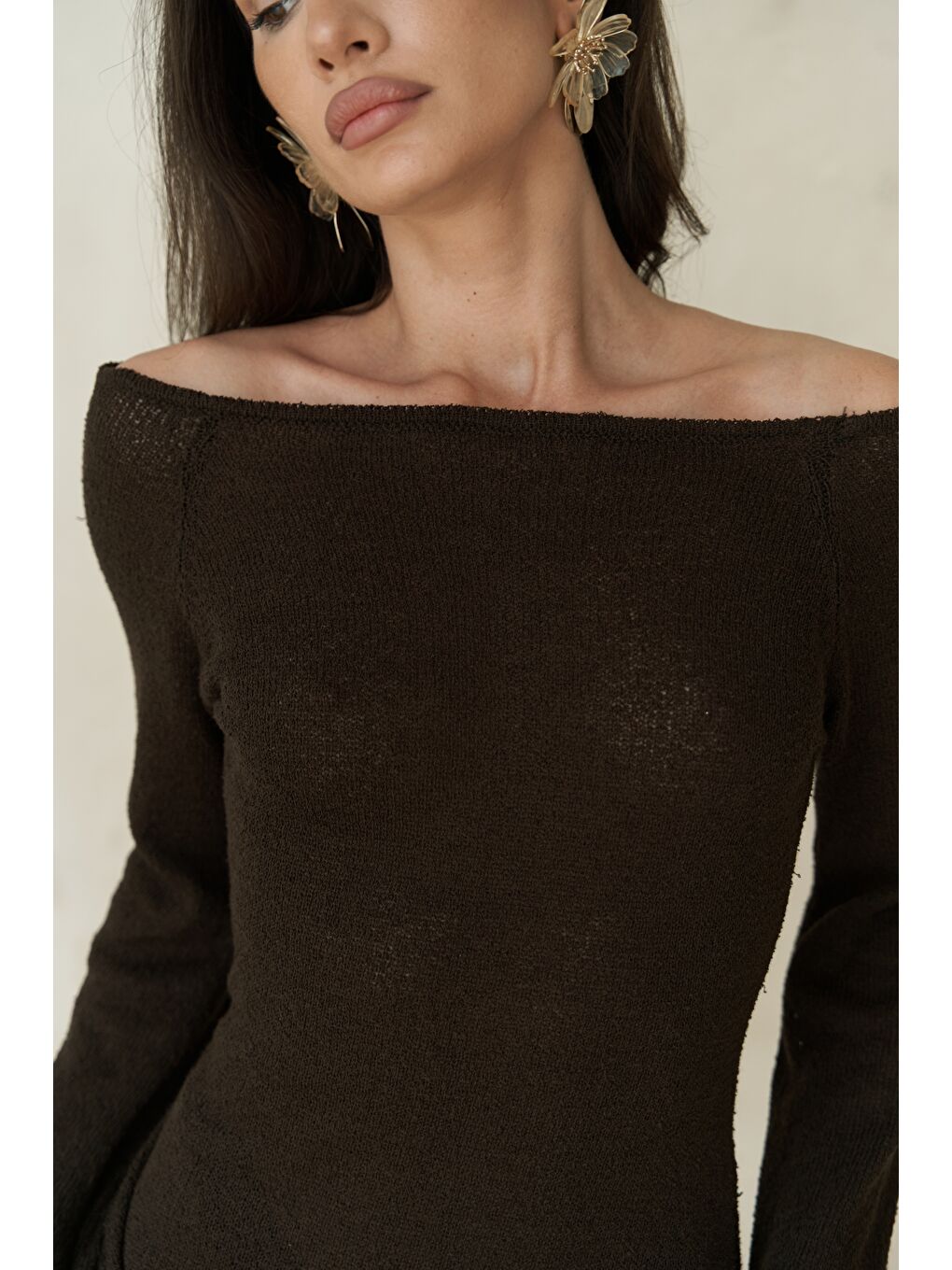 Kahverengi Kawanas Kayık Yaka Bağlamalı Kahve Elbise-7