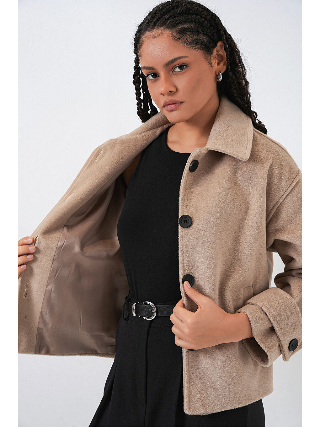 Bej Kadın Kısa Kaşe Ceket 0724 - Bisküvi-4