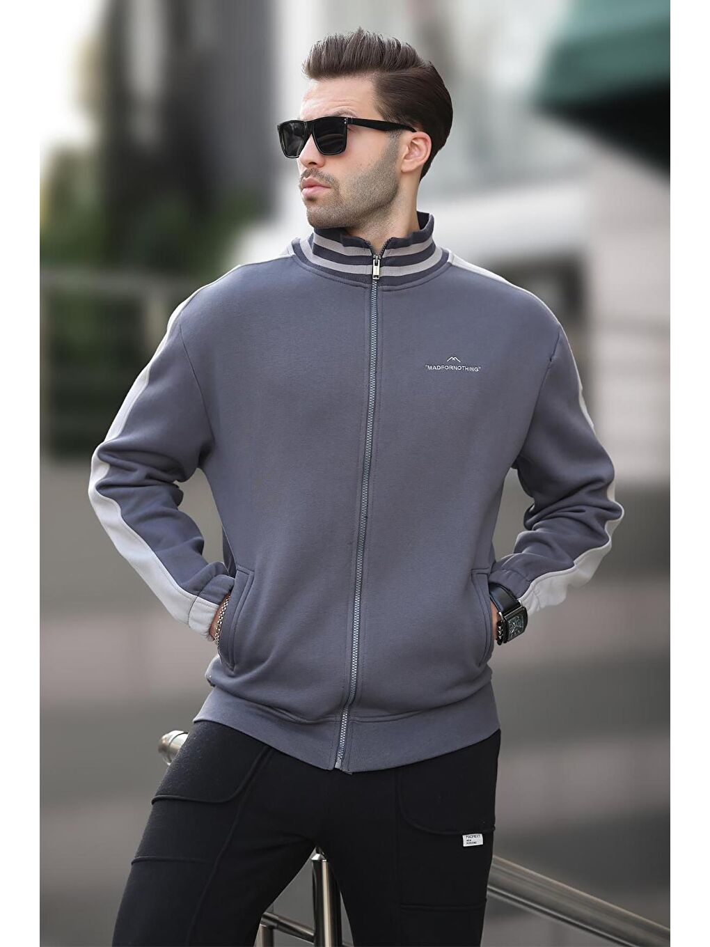 Gri Füme Yarım Balıkçı Yaka   Baskılı Erkek Polar Fermuarlı Sweatshirt Hırka 7081