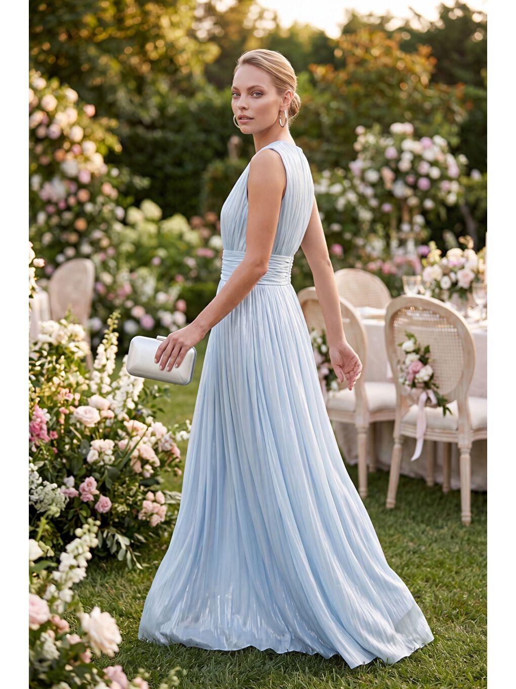 Kadın Bebe Mavi Bisiklet Yaka Pileli Uzun Davet Elbisesi-4