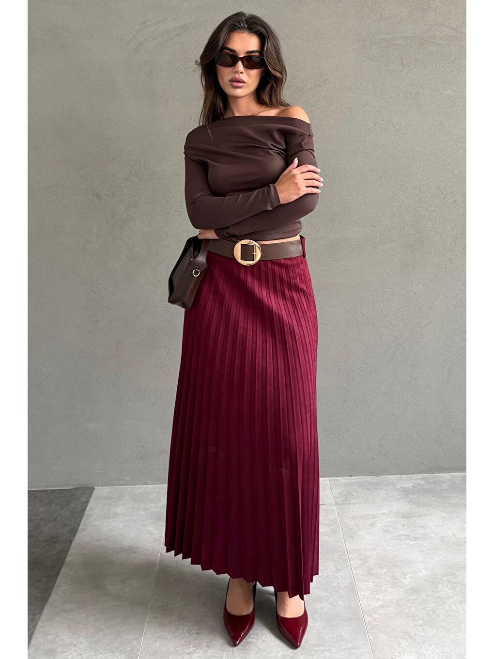 Bordo Pileli Kemerli Uzun Süet Kadın Etek Mg2576-3