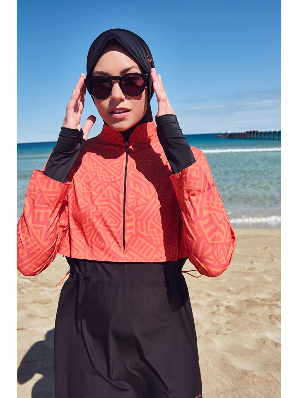 Esila Turuncu Siyah Jileli 5 Parça Tam Tesettür Mayo Takımı 2934-1