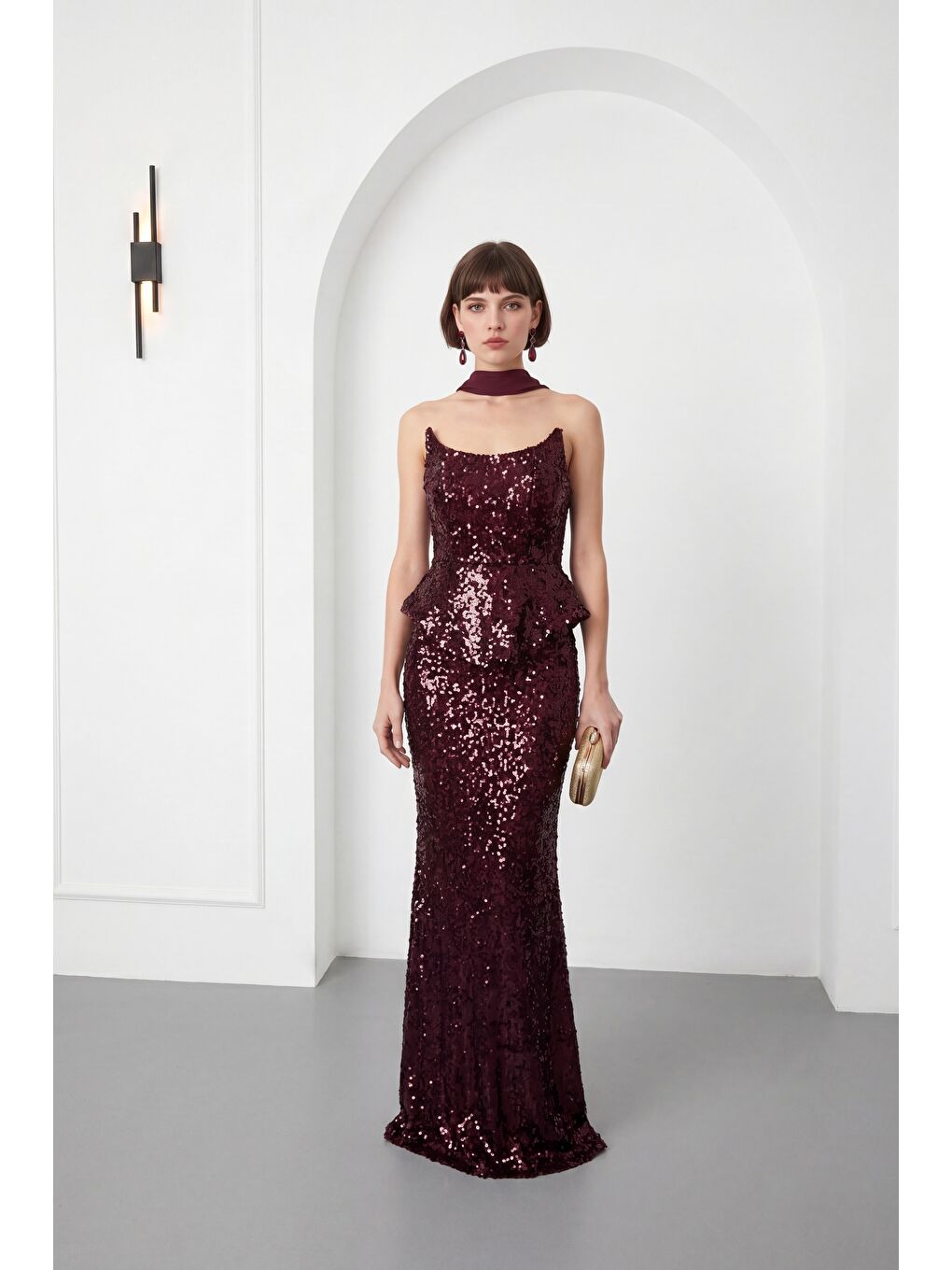 Kadın Bordo Şal Yaka Pul Payet Uzun Balık Abiye Elbise-1