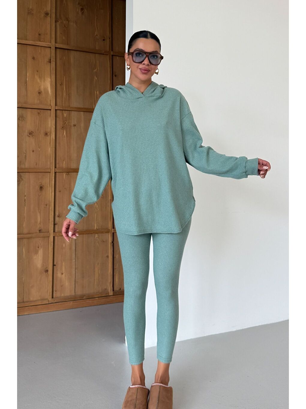 Kadın Mint Yeşili Oval Bel Detay Fitilli Kapüşonlu Taytlı İnterlok Takım-6